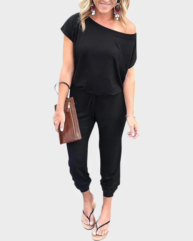 Off-Shoulder Short Sleeve Beam Foot Jumpsuit sold by She Curve