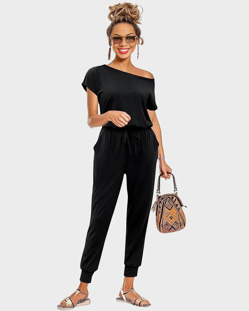 Off-Shoulder Short Sleeve Beam Foot Jumpsuit sold by She Curve product image thumbnail 5
