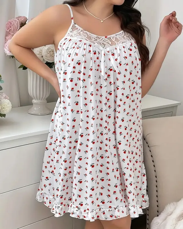 Ditsy Floral Lace-Trimmed Cami Sleep Dress sold by She Curve