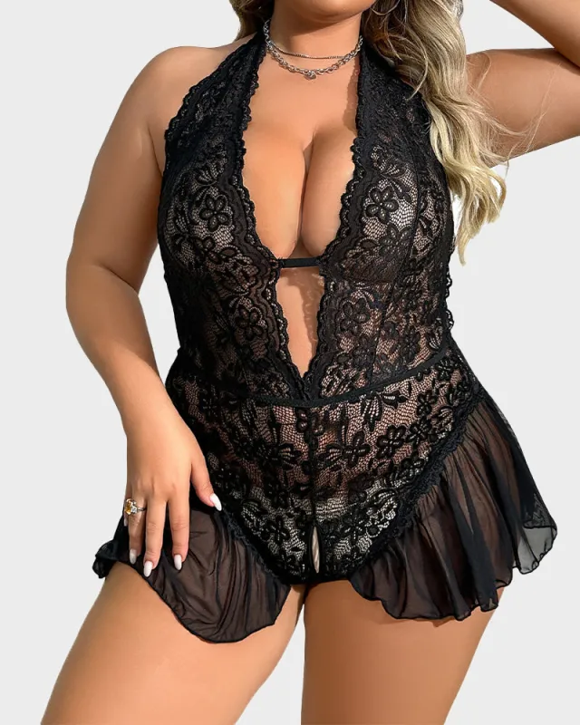 Lace Halter Teddy with Sheer Skirt sold by She Curve