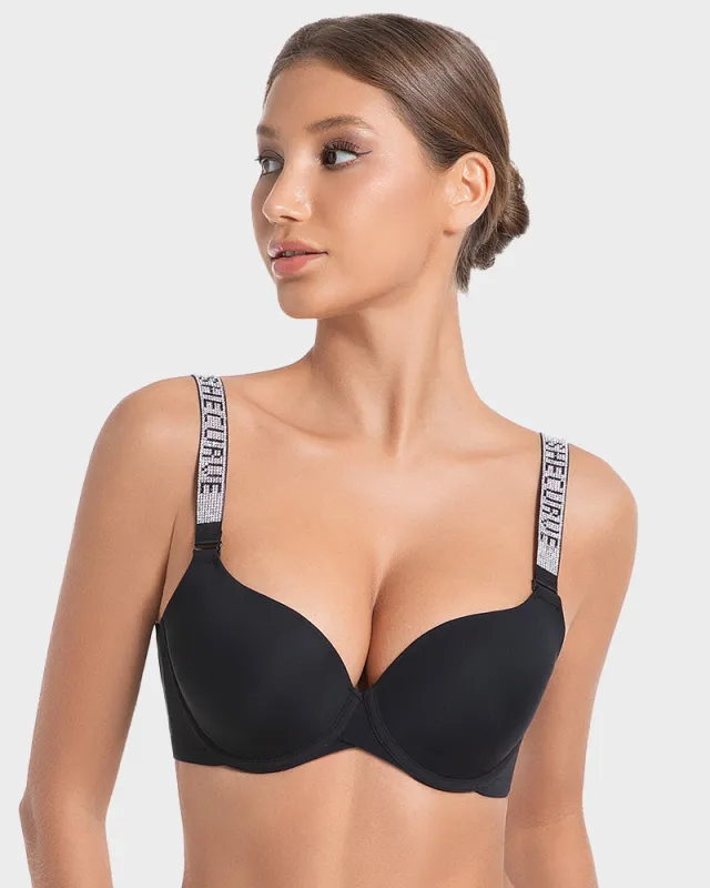 Deep V Push-Up Underwire Bra with Rhinestone Strap sold by She Curve
