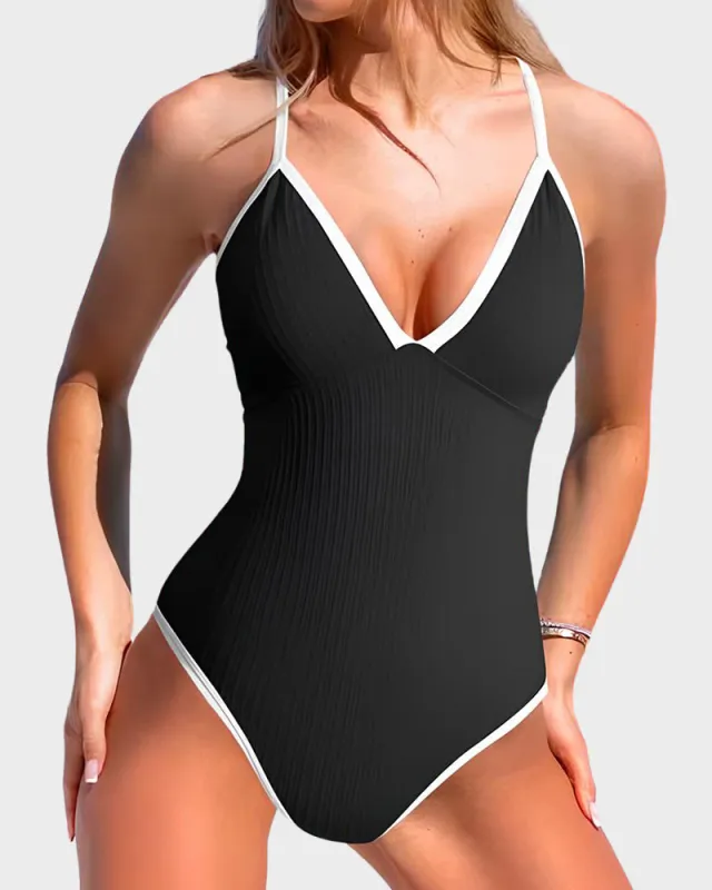 Deep V Ribbed Cross Back One-Piece Swimsuit sold by She Curve