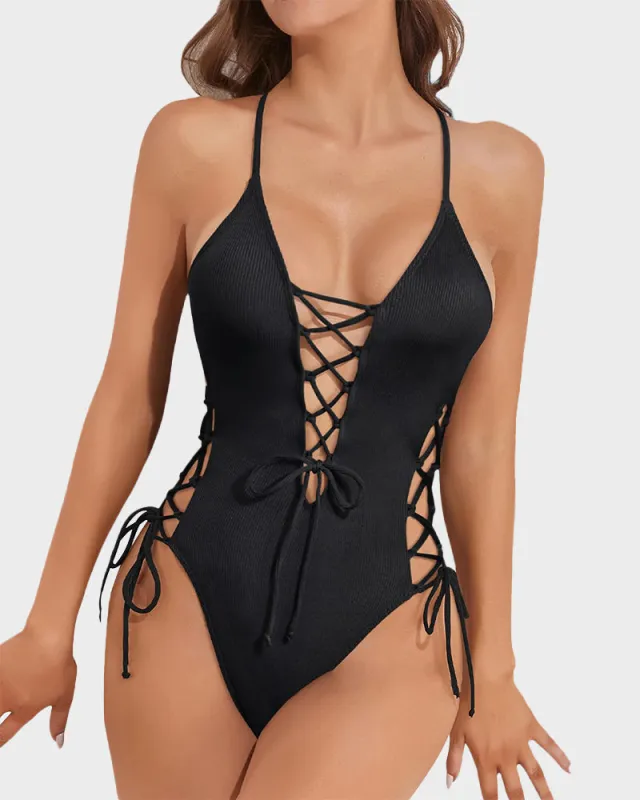 Deep Plunge V Neck High Cut Lace Up Swimsuit sold by She Curve