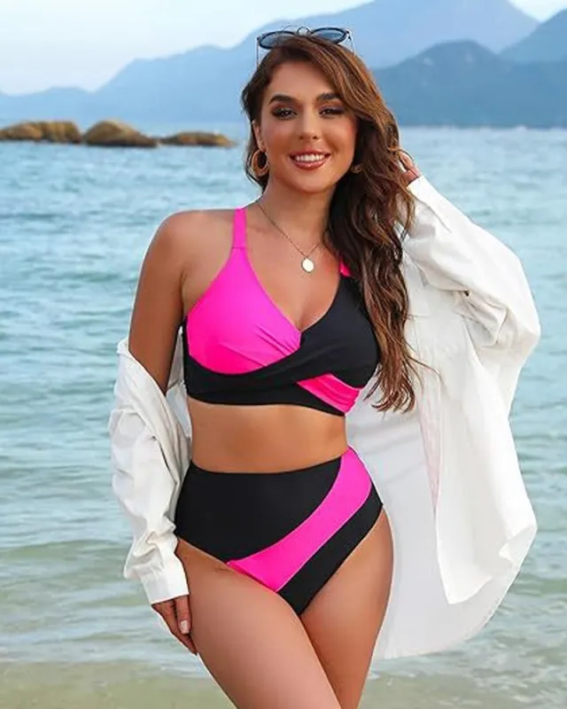 Color-Block Crisscross Laced Back Bikini Set made by She Curve