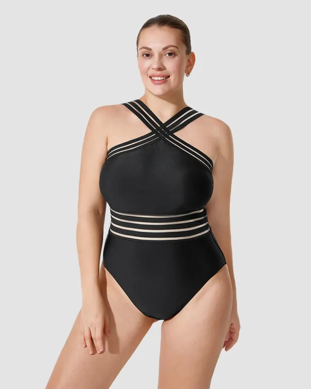 Striped Mesh Insert Cross-Over Halter Neck Swimsuit sold by She Curve