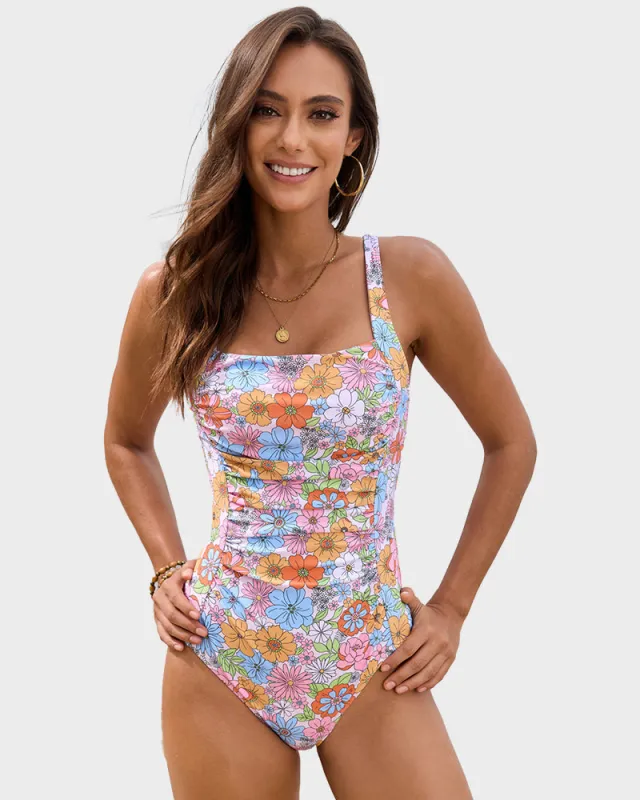 Square Neck Ruched One Piece Swimsuit sold by She Curve