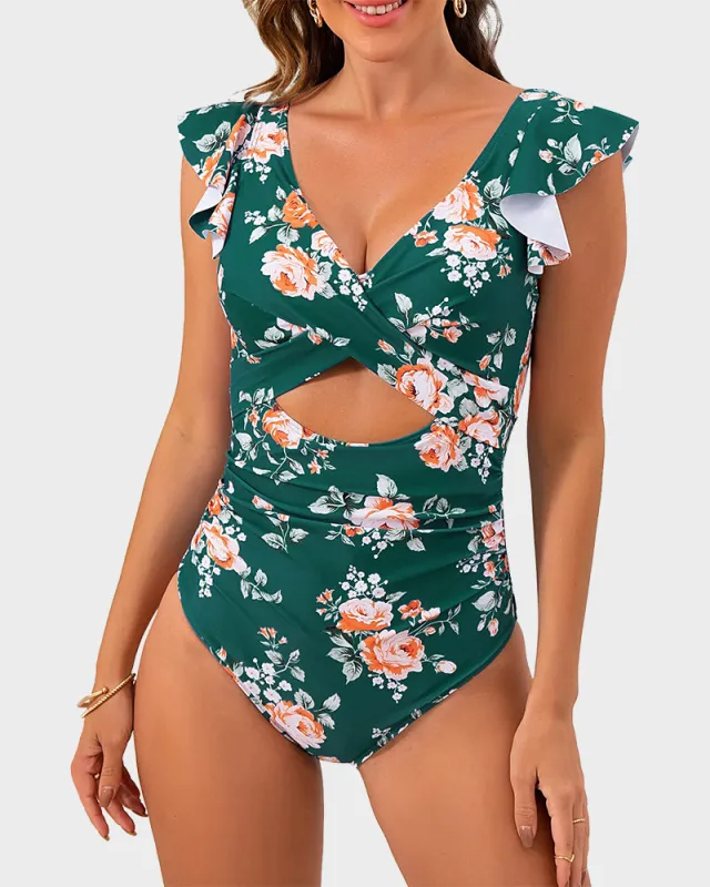Ruffle Sleeve Cut-Out Ruched One-Piece Swimsuit sold by She Curve