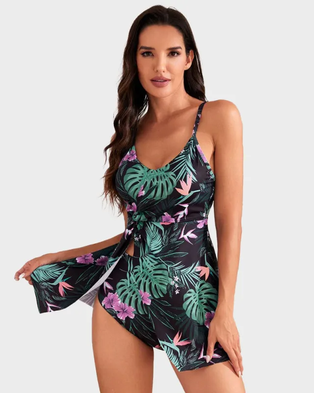 Tummy Control V Neck Twist Knot Tropical Skirted Swimdress sold by She Curve