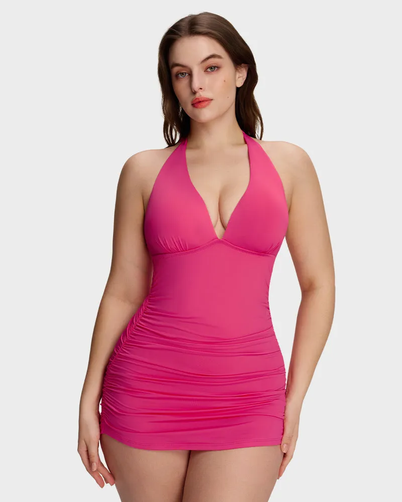 SculptSkin™ BackStage Halter V-Neck Swim Dress sold by She Curve