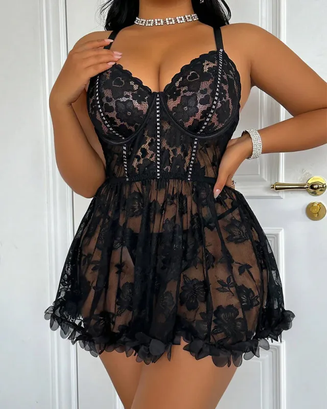 Sexy Plus Size Lace Cami & G-String Set made by She Curve
