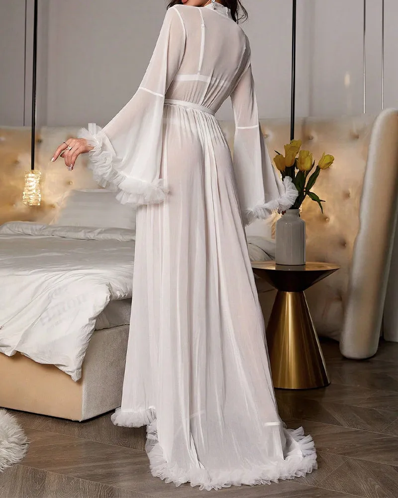 Sheer Mesh Bridal Robe with Ruffle Trim sold by She Curve product image thumbnail 3