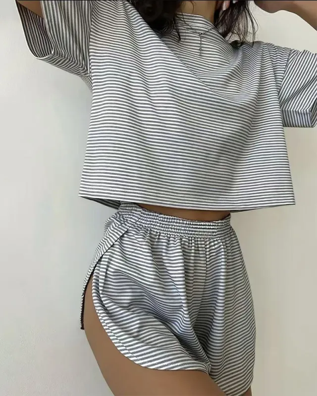 Women Striped Crop Pajama Loungewear Set made by She Curve