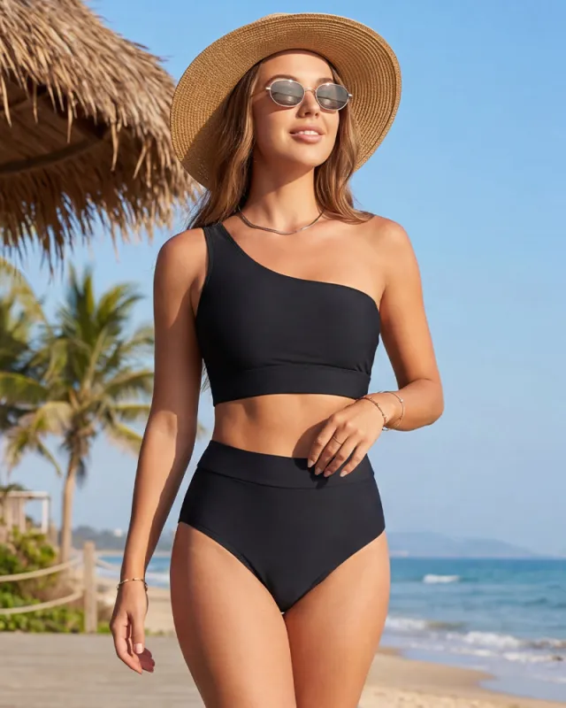 High-Waist One-Shoulder Tummy Control Bikini Set made by She Curve