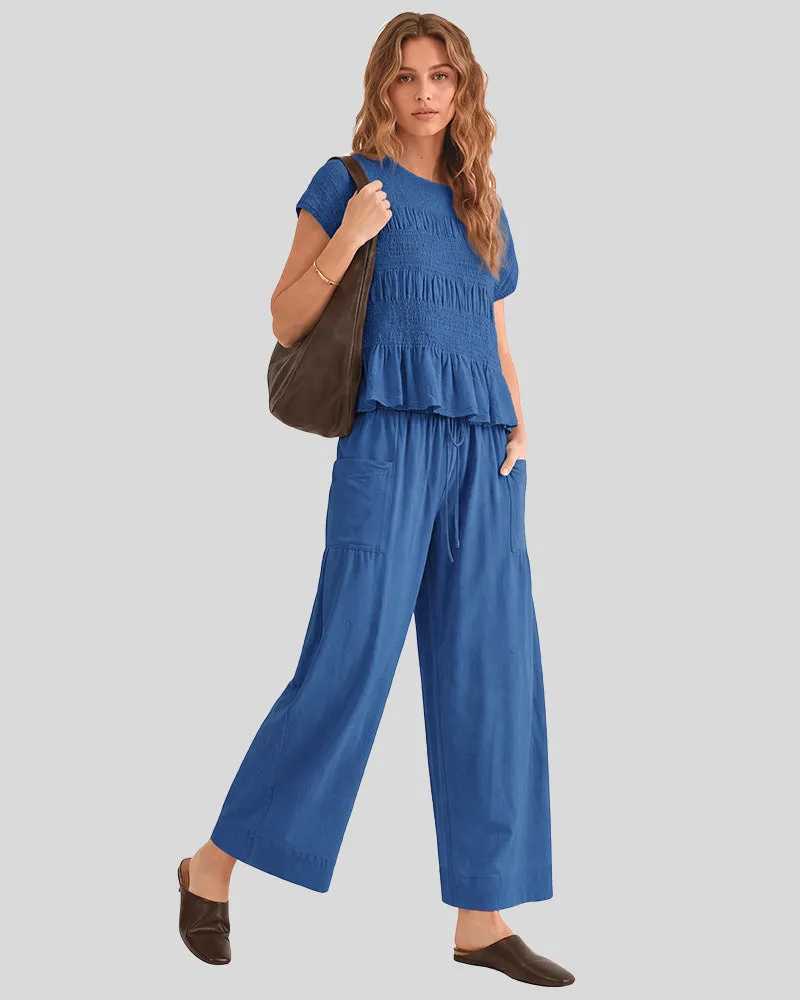 Cotton Smocked Top & Wide-Leg Pants Set with Pockets sold by She Curve product image thumbnail 5