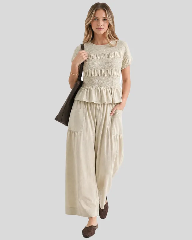 Cotton Smocked Top & Wide-Leg Pants Set with Pockets made by She Curve