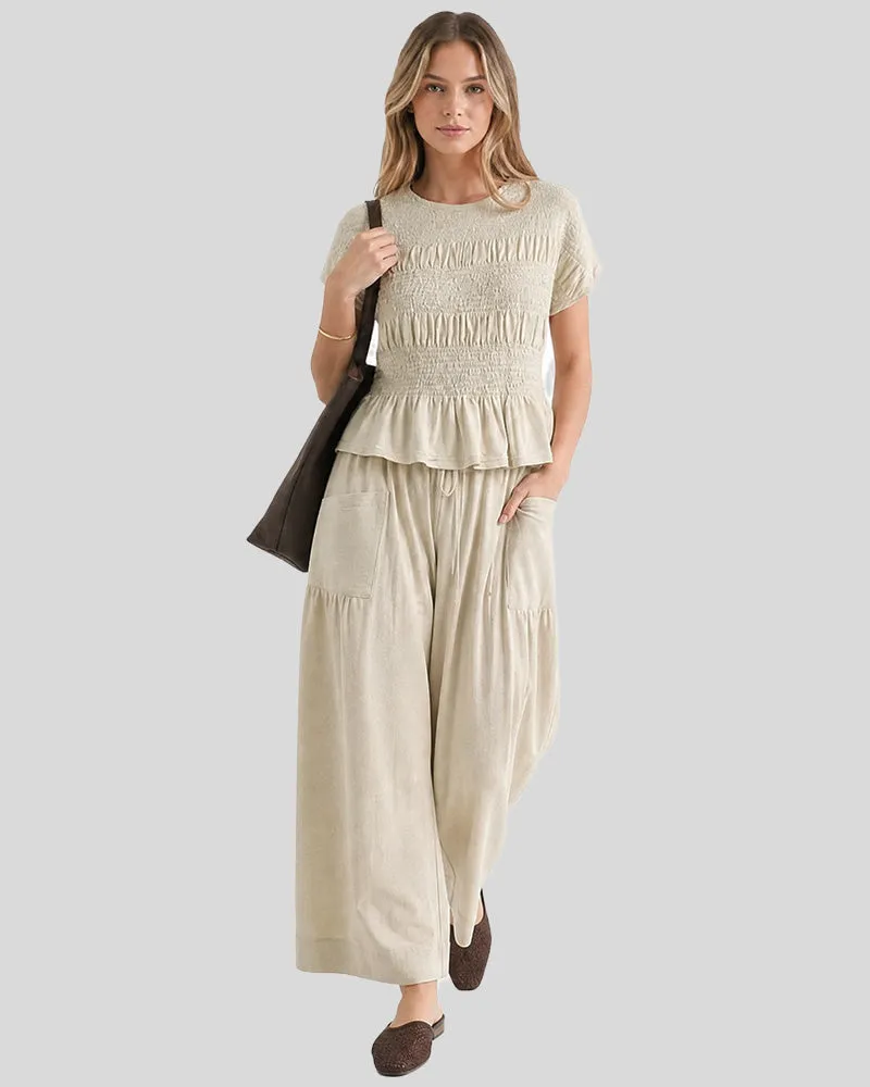 Cotton Smocked Top & Wide-Leg Pants Set with Pockets sold by She Curve