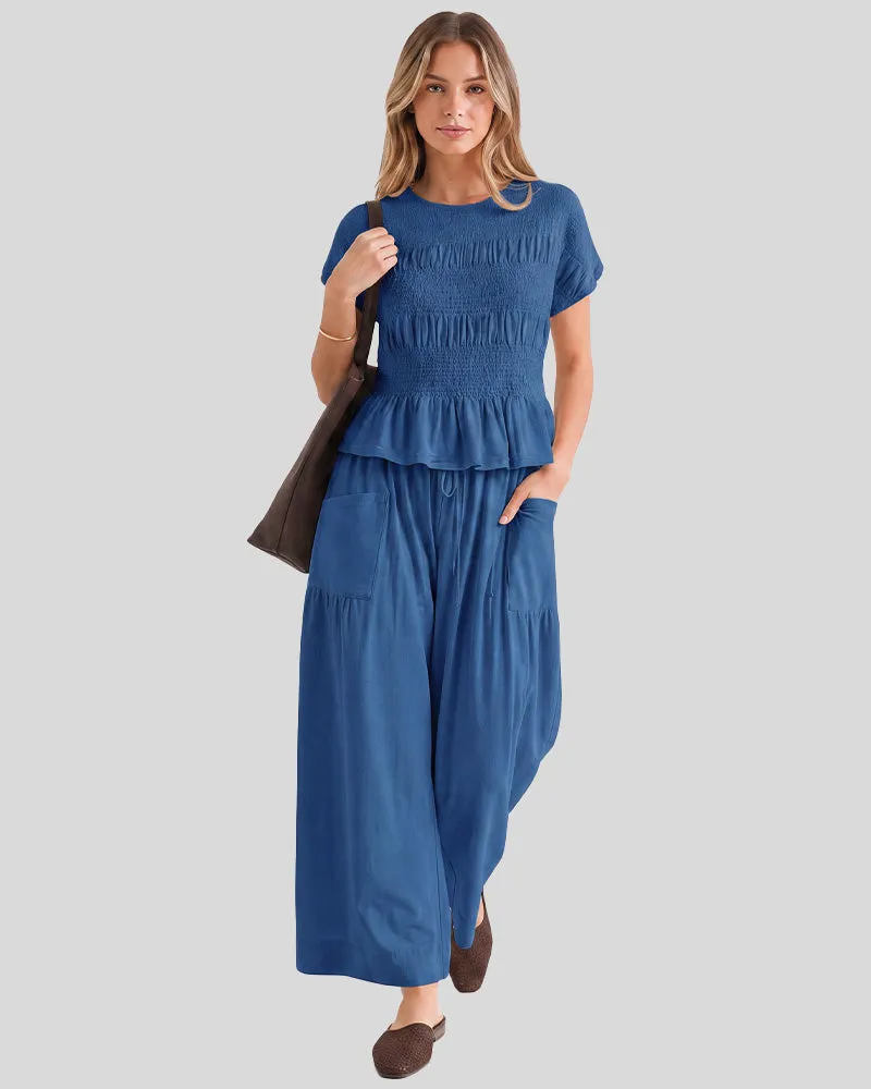 Cotton Smocked Top & Wide-Leg Pants Set with Pockets sold by She Curve product image thumbnail 4