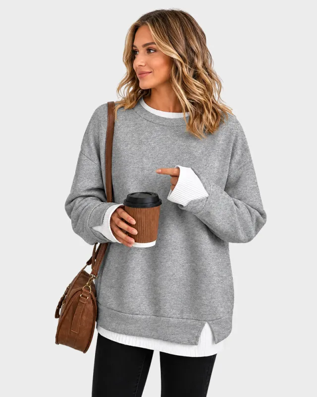 Faux-Layer Rib-Trim Oversized Crewneck Sweatshirt made by She Curve