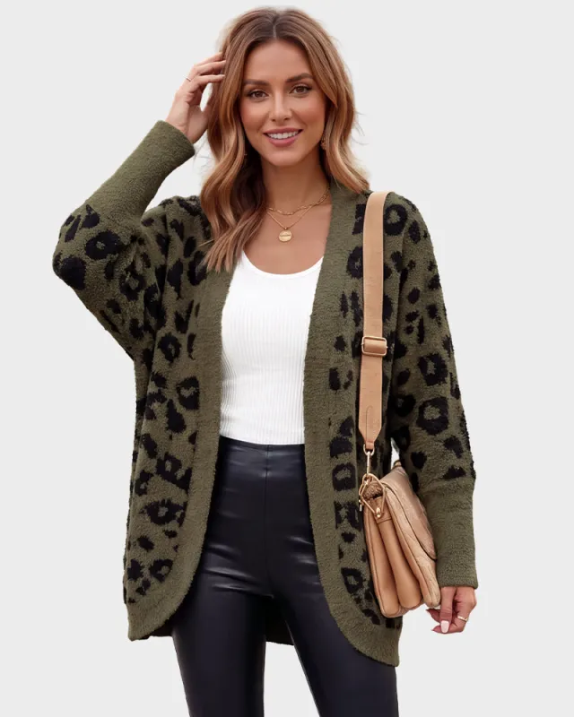 Leopard-Print Open-Front Knit Cardigan with Pockets made by She Curve