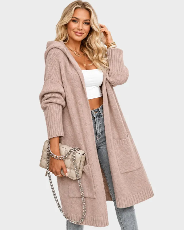 Oversized Hooded Longline Knit Cardigan with Pockets made by She Curve