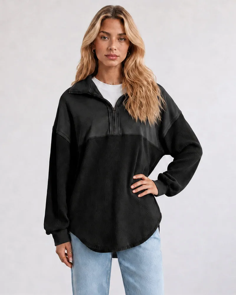 Oversized Half-Zip Waffle-Knit Pullover sold by She Curve product image thumbnail 5
