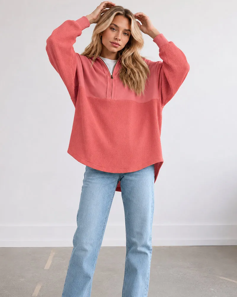 Oversized Half-Zip Waffle-Knit Pullover sold by She Curve product image thumbnail 3