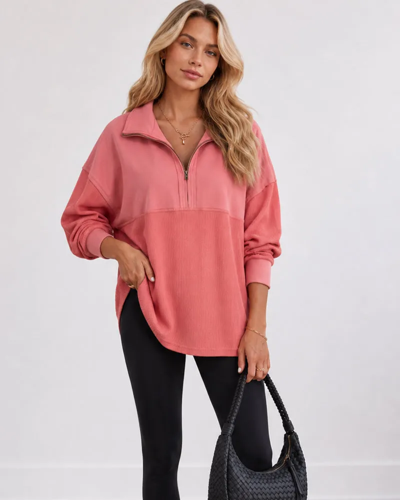 Oversized Half-Zip Waffle-Knit Pullover sold by She Curve product image thumbnail 2