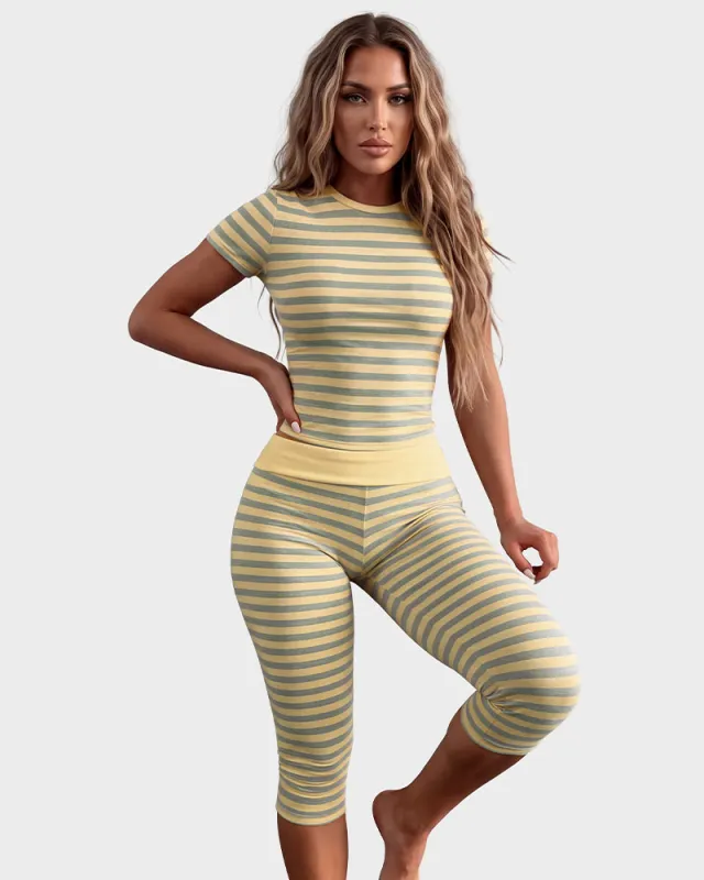 Striped Crop Top & Capri Leggings Set made by She Curve