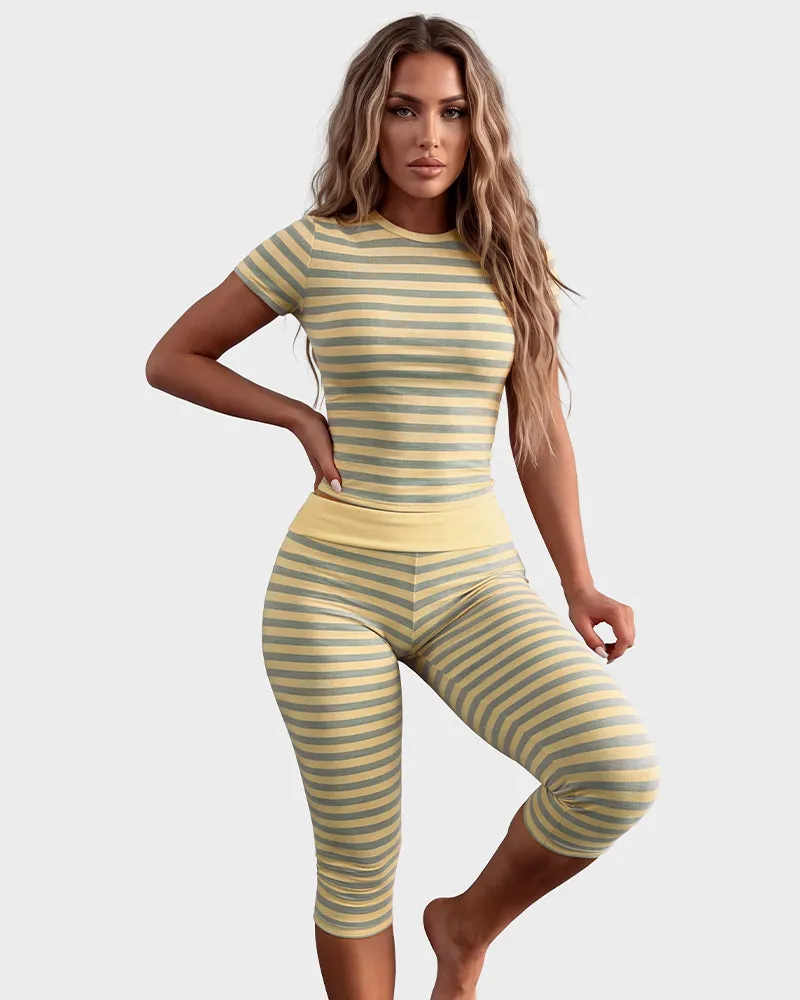 Striped Crop Top & Capri Leggings Set sold by She Curve