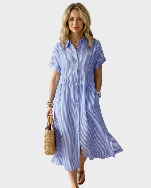 Striped Cotton Button-Front Midi Shirt Dress made by She Curve