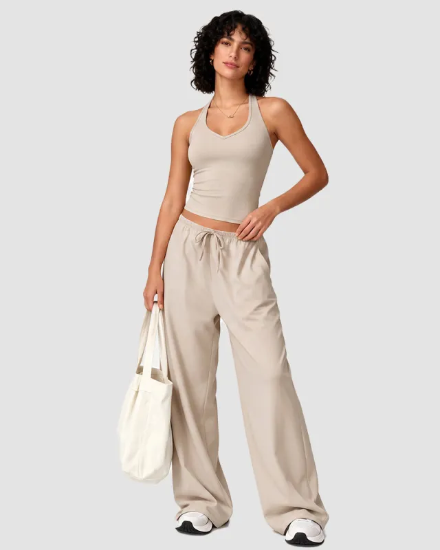 V-Neck Strappy-Back Top & Wide-Leg Pants Set made by She Curve