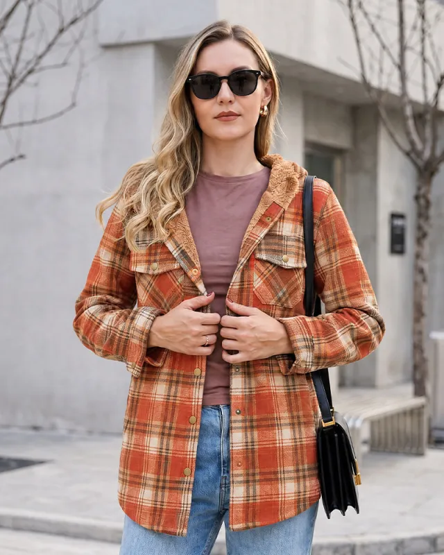 Sherpa-Lined Plaid Hooded Shacket made by She Curve