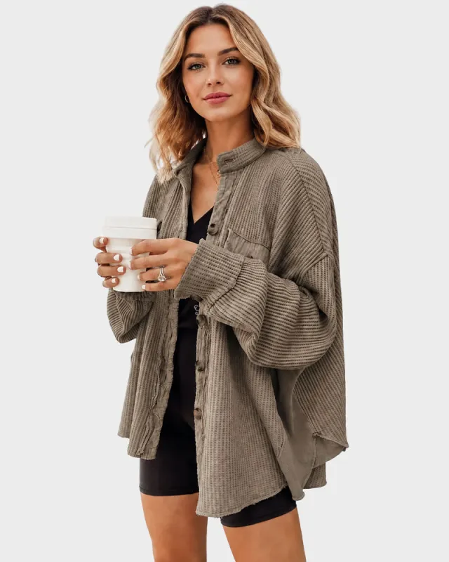 Waffle Knit Button-Down Shacket made by She Curve