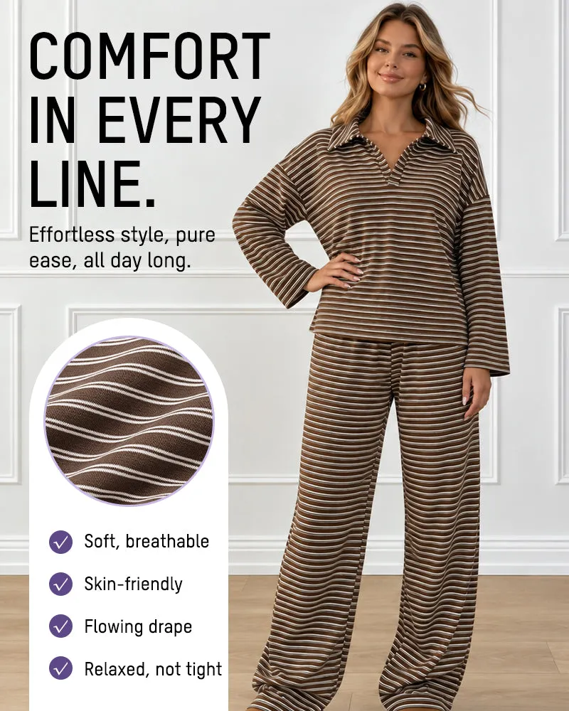 Drop Shoulder Striped Collared Long Sleeve Set sold by She Curve product image thumbnail 2