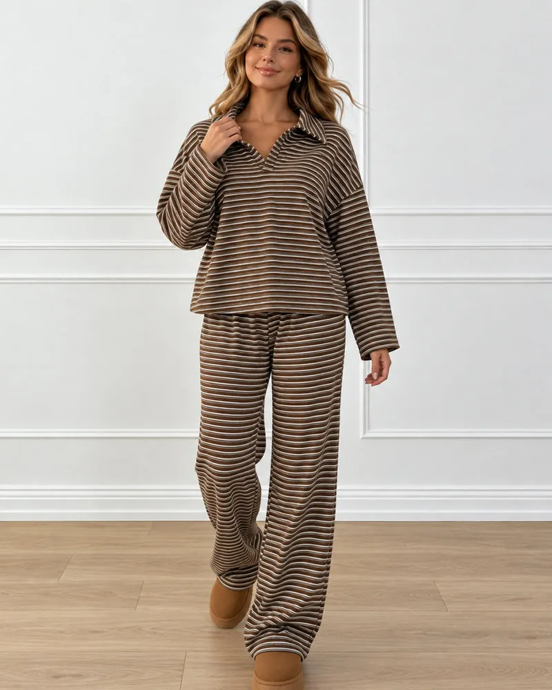 Drop Shoulder Striped Collared Long Sleeve Set sold by She Curve