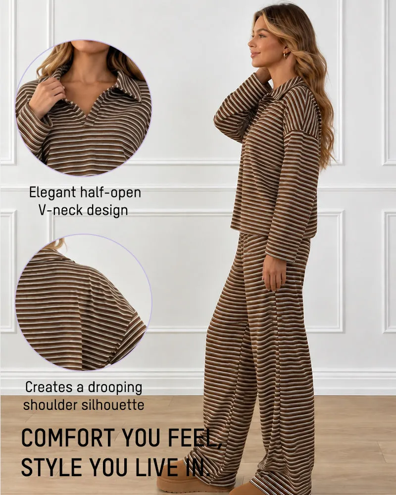 Drop Shoulder Striped Collared Long Sleeve Set sold by She Curve product image thumbnail 3