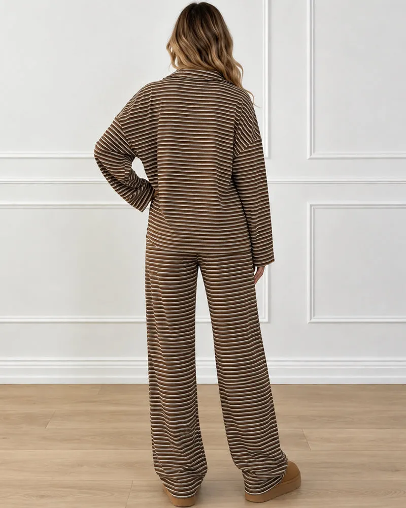 Drop Shoulder Striped Collared Long Sleeve Set sold by She Curve product image thumbnail 5