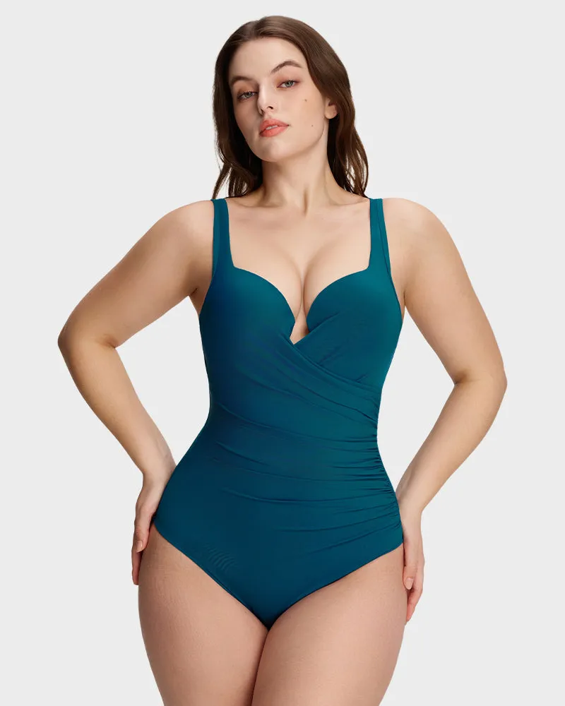 Plunge Underwire Tummy Control One-Piece Swimsuit sold by She Curve