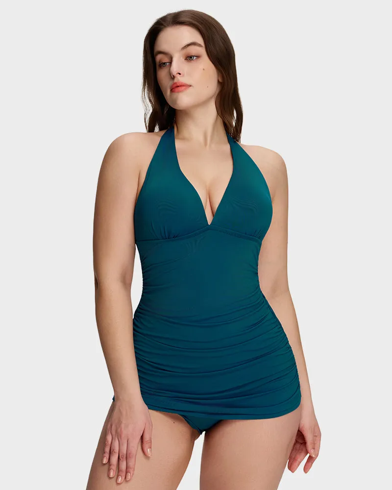 Halter V-Neck Sculpting Swim Dress – 2-Piece Set sold by She Curve