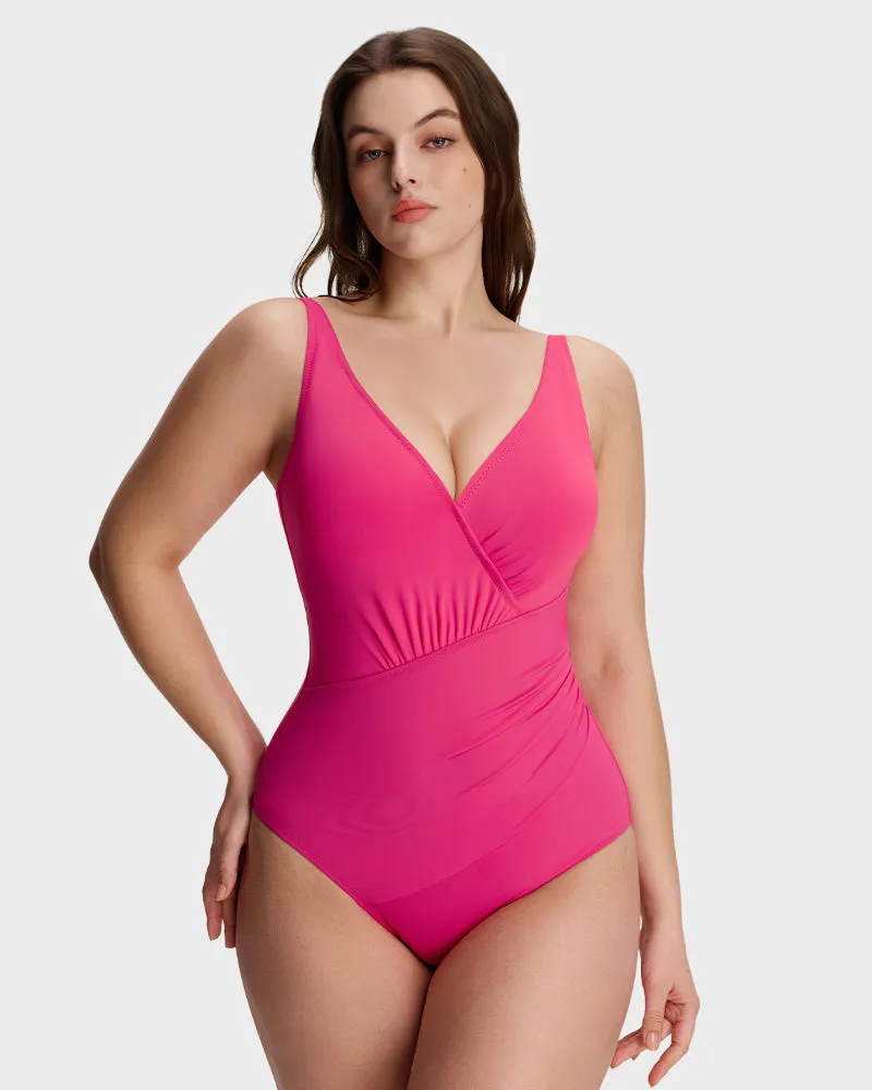 Sculpt Ease Ruched V-Neck One-Piece Swimsuit sold by She Curve