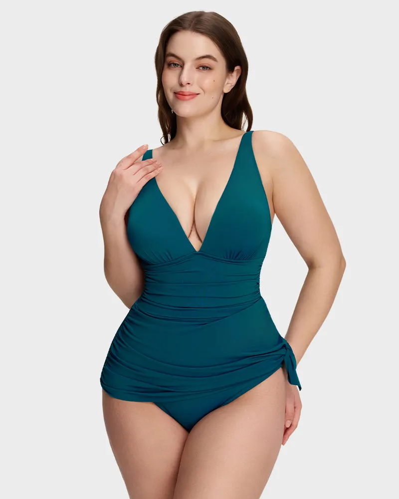 Ruched V-Neck Side Tie Slimming Swim Dress sold by She Curve