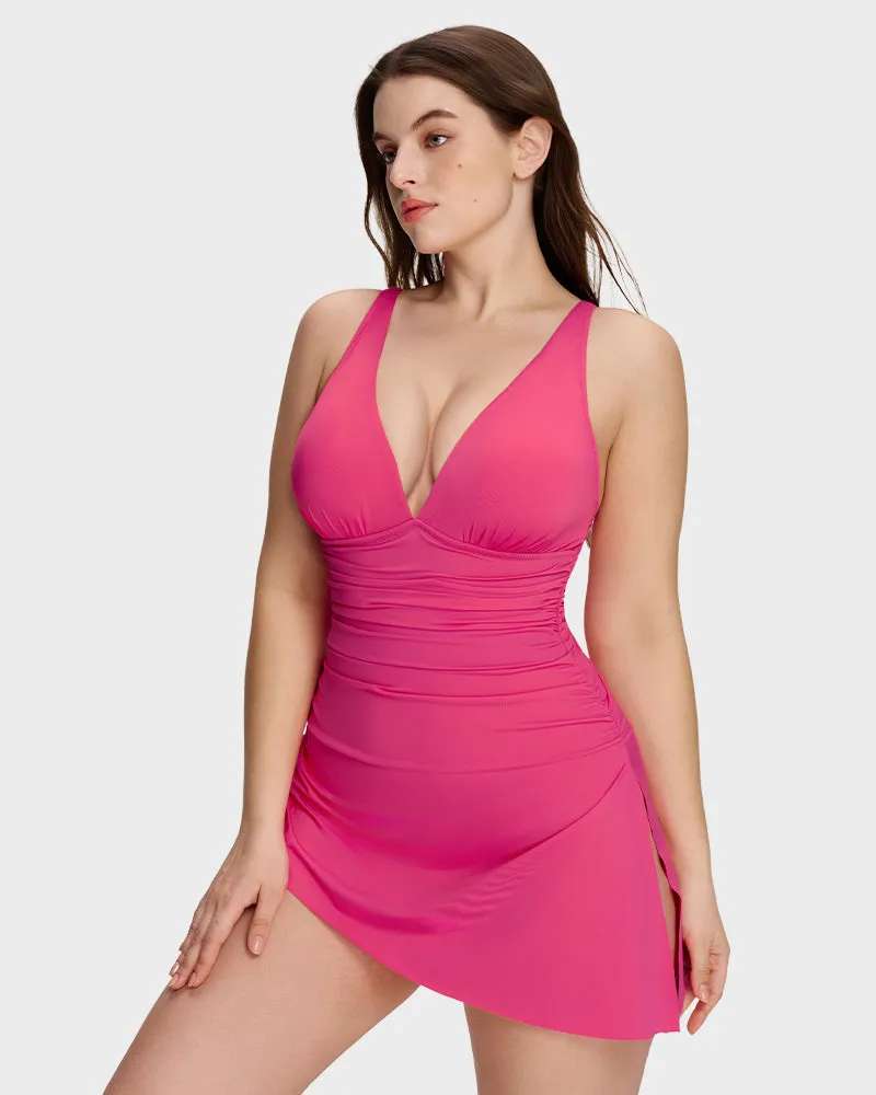 Ruched V-Neck Side Tie Slimming Swim Dress sold by She Curve product image thumbnail 4