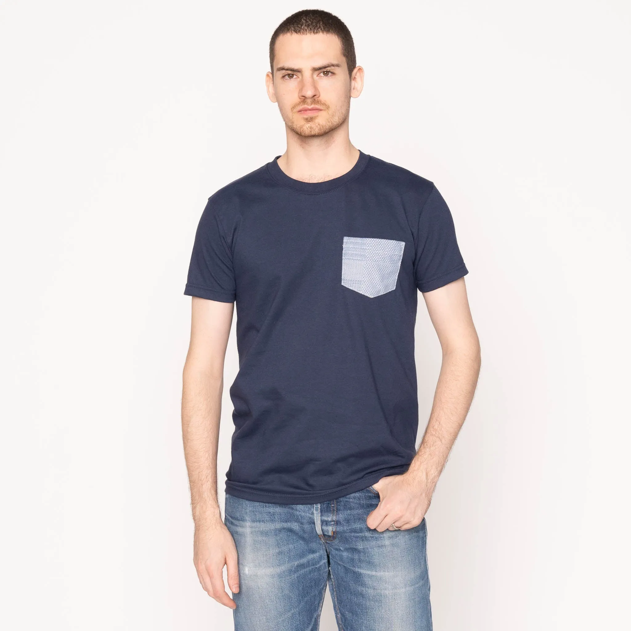 Pocket Tee - Navy - Dobby Patchwork - Pale Blue sold by Tate + Yoko product image thumbnail 2