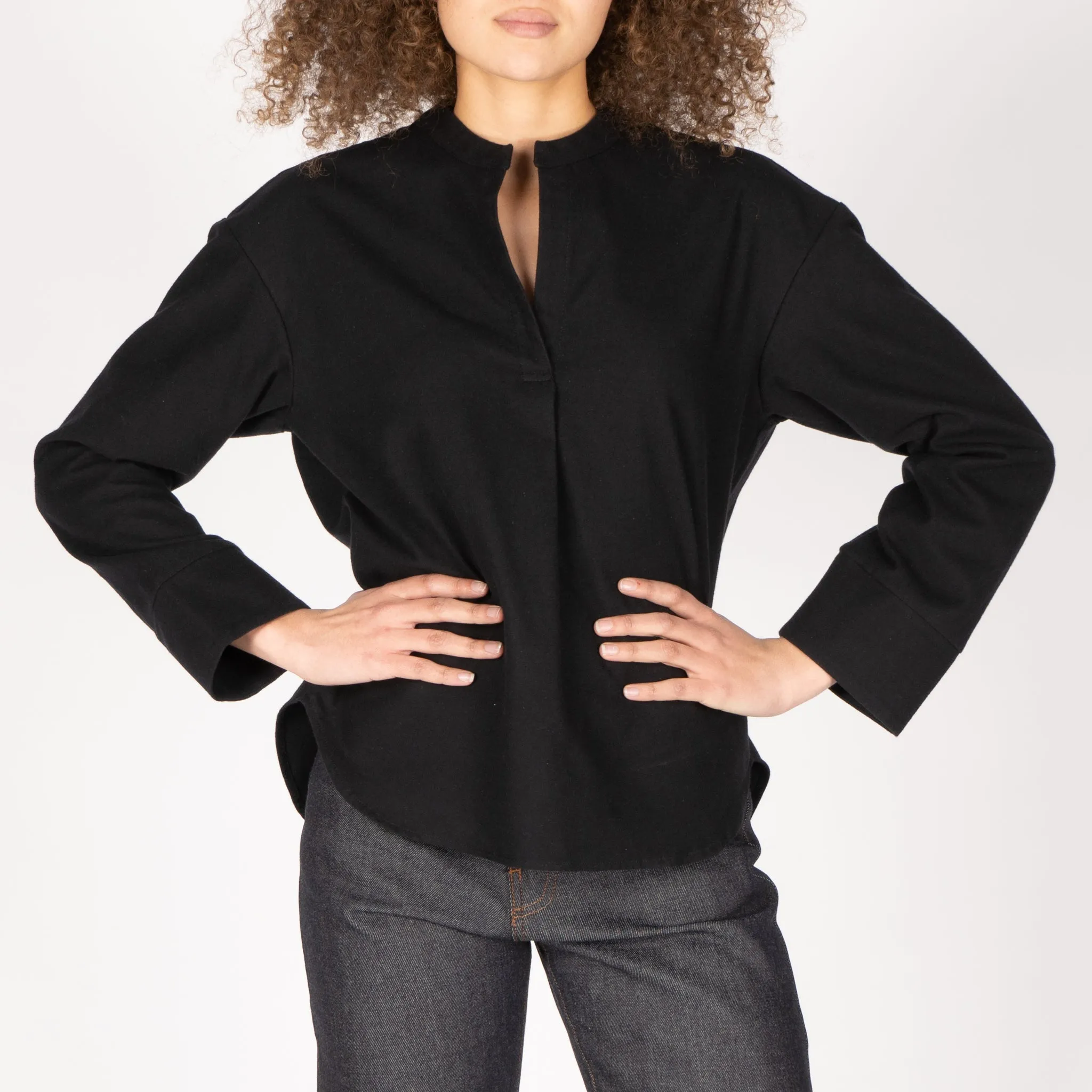 Band Collar Shirt - Cotton Yarn Dyed Flannel - Black sold by Tate + Yoko