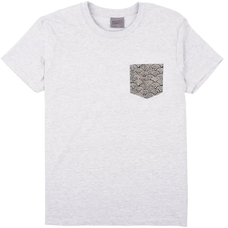 Pocket Tee - Heather Grey + Seigaiha Waves - Indigo sold by Tate + Yoko