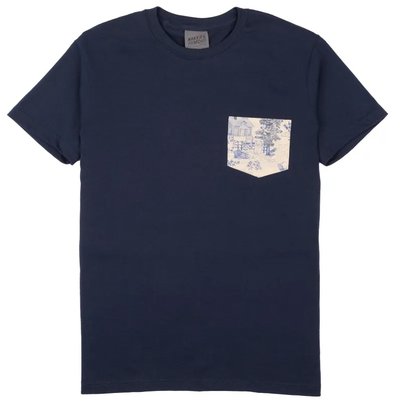 Pocket Tee - Navy - Linen Cats - Blue made by Naked & Famous Denim