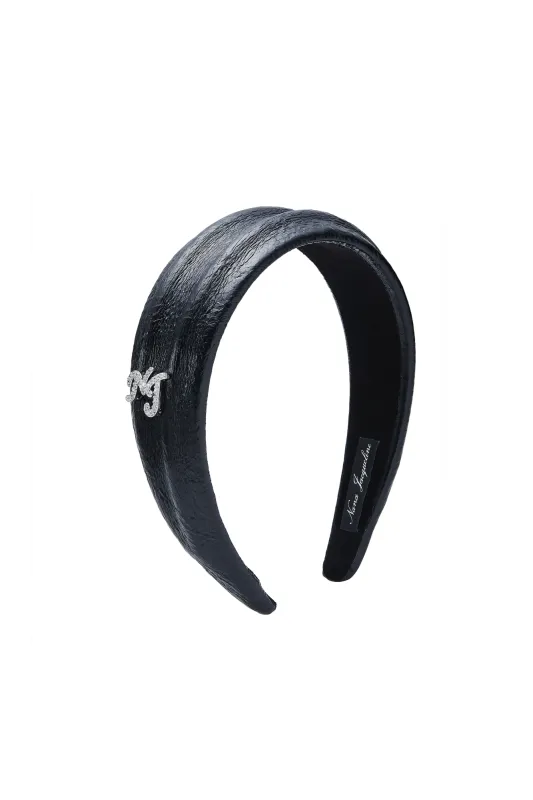 Eugenie Crystal-Detail Black Leather Headband sold by Nana Jacqueline