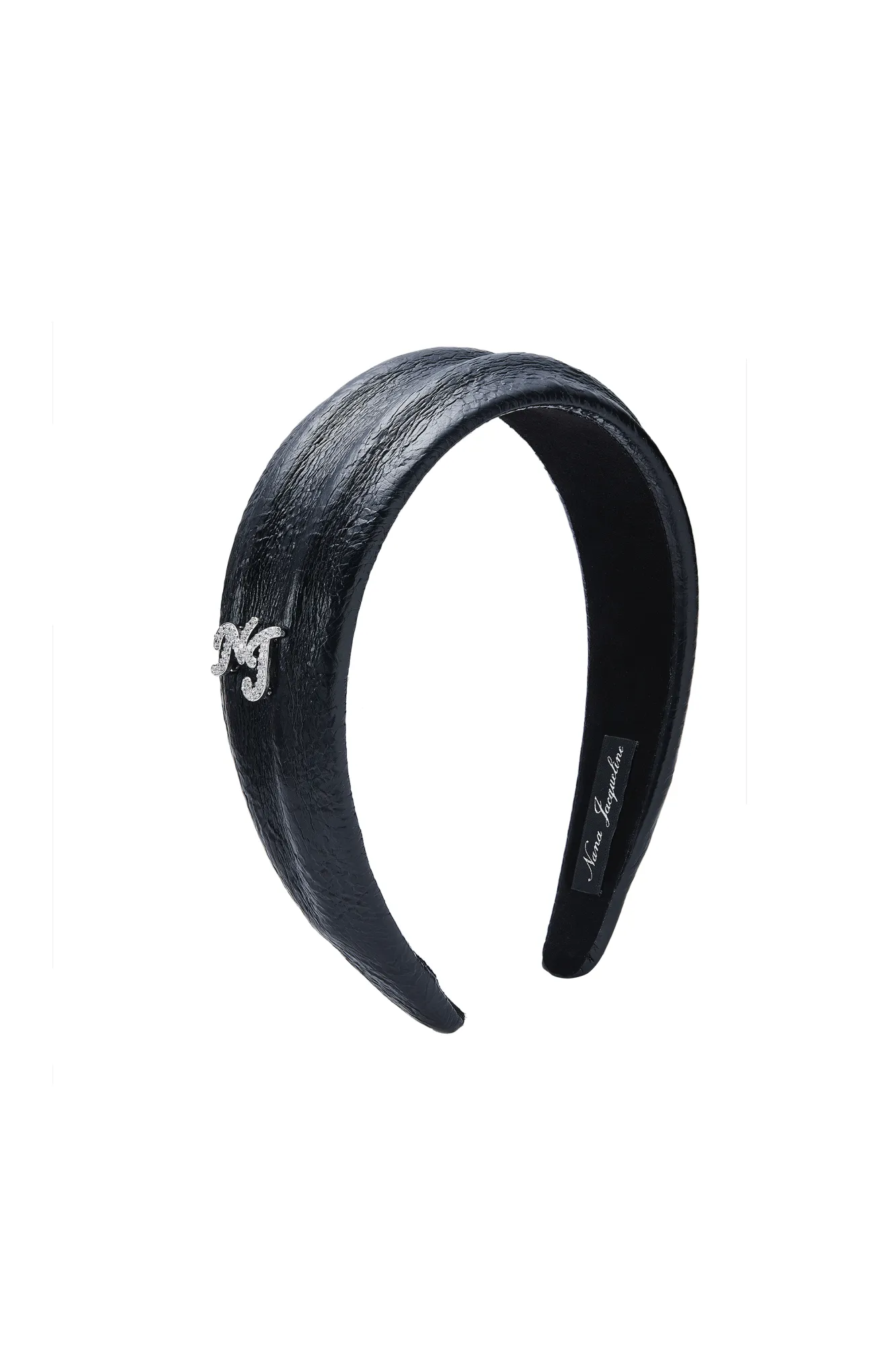 Eugenie Crystal-Detail Black Leather Headband sold by Nana Jacqueline