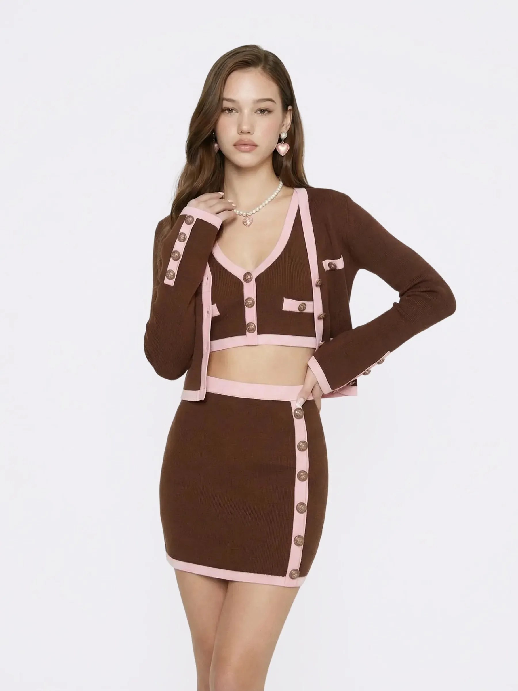Lisette Contrast-Trim Brown Knit Three-Piece Set sold by Nana Jacqueline product image thumbnail 5
