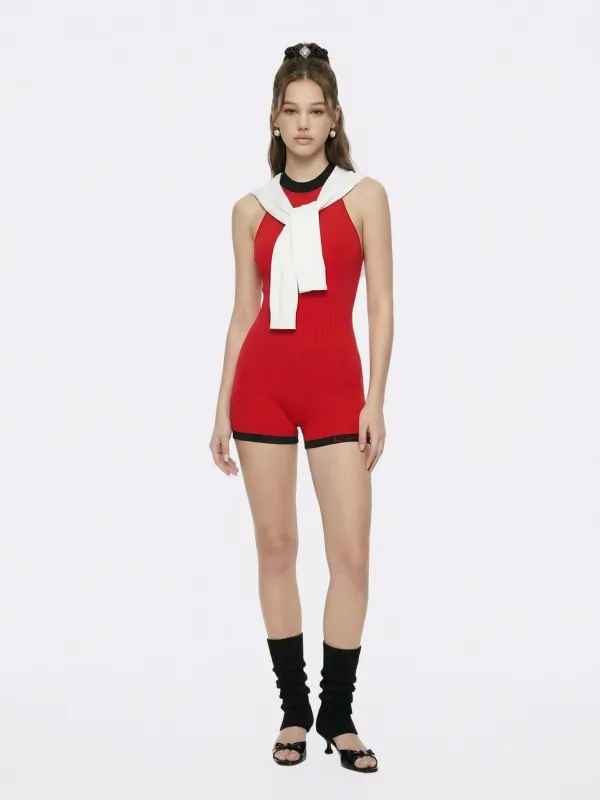 Ava Contrast Halter Knit Red Romper made by Nana Jacqueline